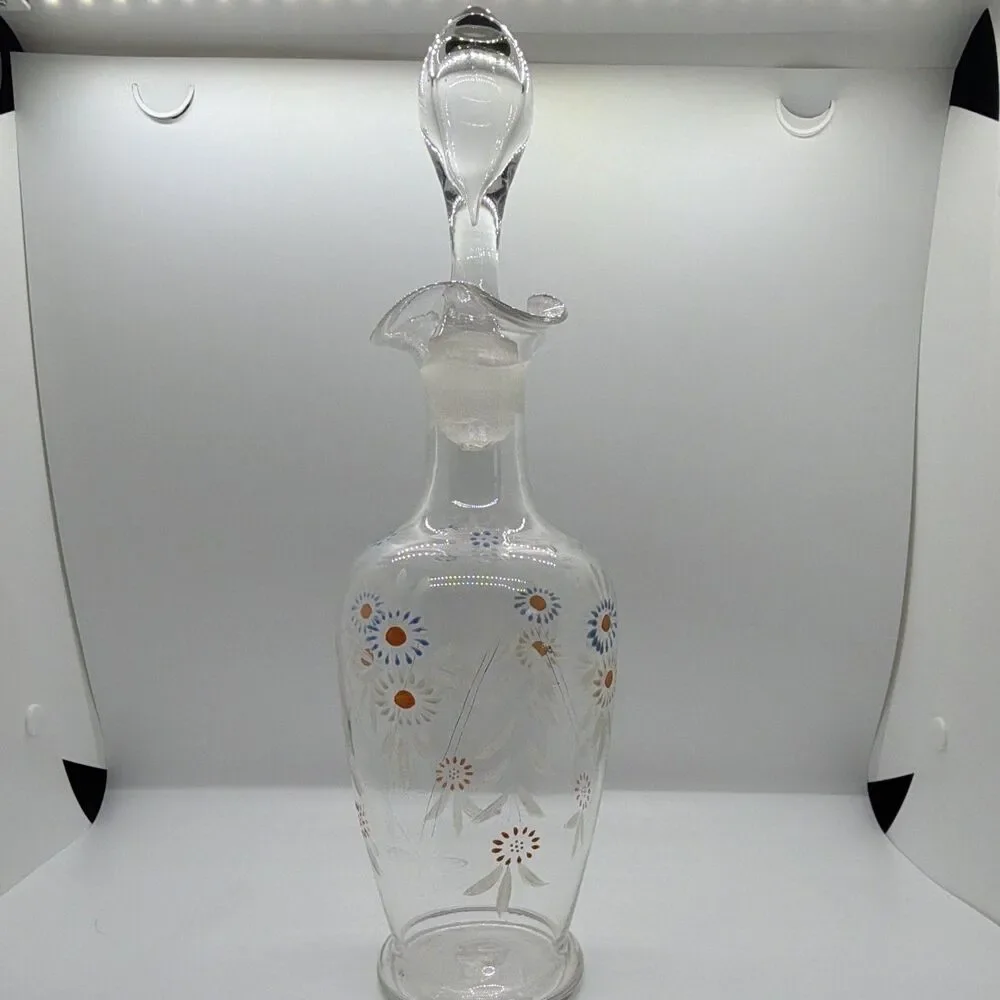 Vintage Handpainted  Floral Clear Glass Decanter Set w/ Lid/Stopper, 2pc